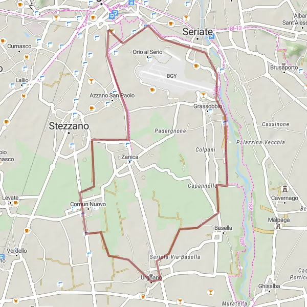Miniatura mapy "Szlak rowerowy w terenie gravel niedaleko Urgnano" - trasy rowerowej w Lombardia, Italy. Wygenerowane przez planer tras rowerowych Tarmacs.app