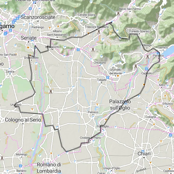 Map miniature of "Urgnano Round-Trip Road Cycling Route" cycling inspiration in Lombardia, Italy. Generated by Tarmacs.app cycling route planner
