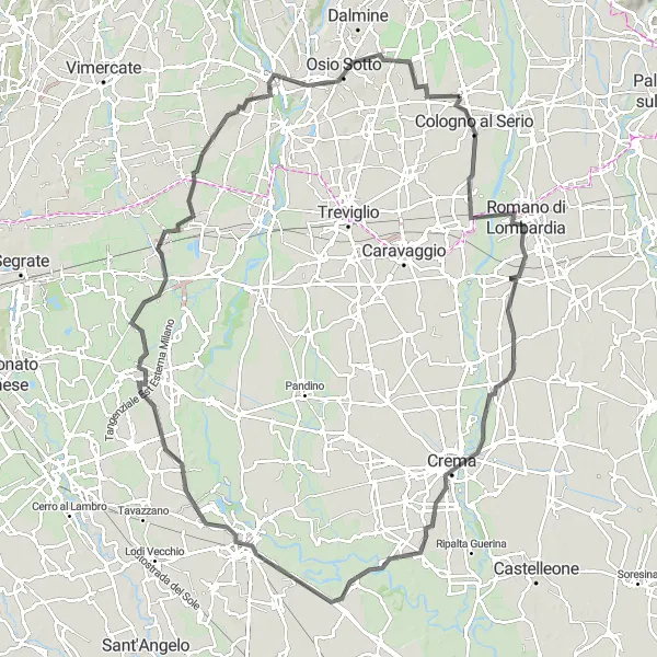 Miniatua del mapa de inspiración ciclista "Ruta de ciclismo de carretera única desde Urgnano" en Lombardia, Italy. Generado por Tarmacs.app planificador de rutas ciclistas