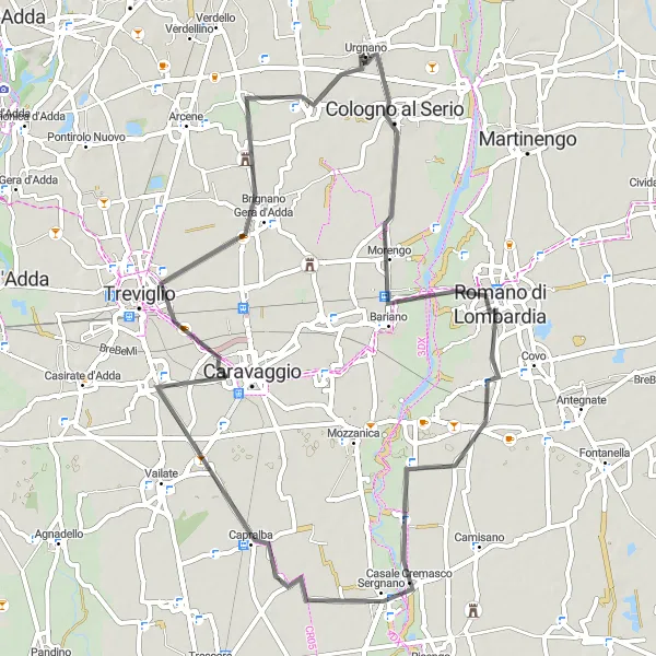 Miniatuurkaart van de fietsinspiratie "Wegroute rondom Urgnano naar Spirano" in Lombardia, Italy. Gemaakt door de Tarmacs.app fietsrouteplanner