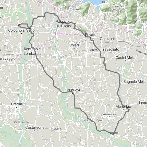 Zemljevid v pomanjšavi "Urgnano - Monte Orfano - Coccaglio - Bassano Bresciano - Fiume Oglio - Covo - Cologno al Serio - Urgnano" kolesarske inspiracije v Lombardia, Italy. Generirano z načrtovalcem kolesarskih poti Tarmacs.app