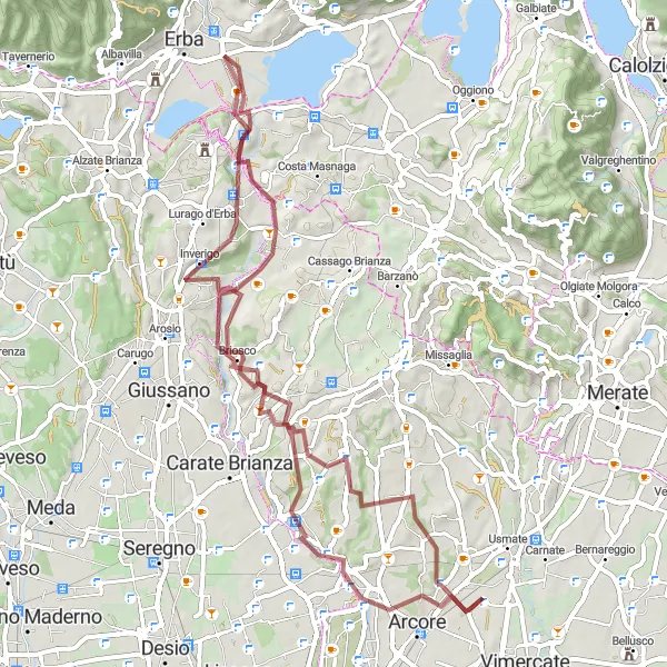 Kartminiatyr av "Grusväg till Arcore" cykelinspiration i Lombardia, Italy. Genererad av Tarmacs.app cykelruttplanerare