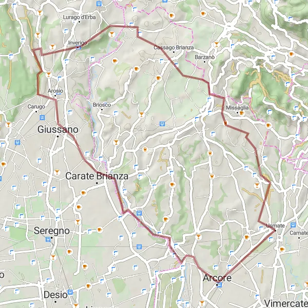 Miniatuurkaart van de fietsinspiratie "Gravel Avontuur door de Heuvels" in Lombardia, Italy. Gemaakt door de Tarmacs.app fietsrouteplanner