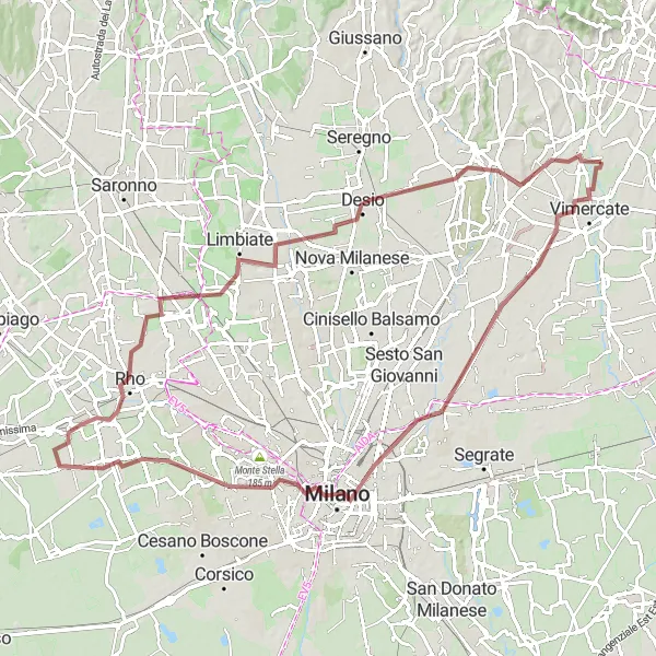 Map miniature of "Vimercate to Milan Gravel Adventure" cycling inspiration in Lombardia, Italy. Generated by Tarmacs.app cycling route planner