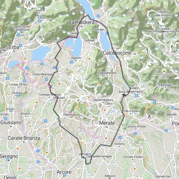 Map miniature of "Challenging Road Cycling Route via Monti Resegone" cycling inspiration in Lombardia, Italy. Generated by Tarmacs.app cycling route planner