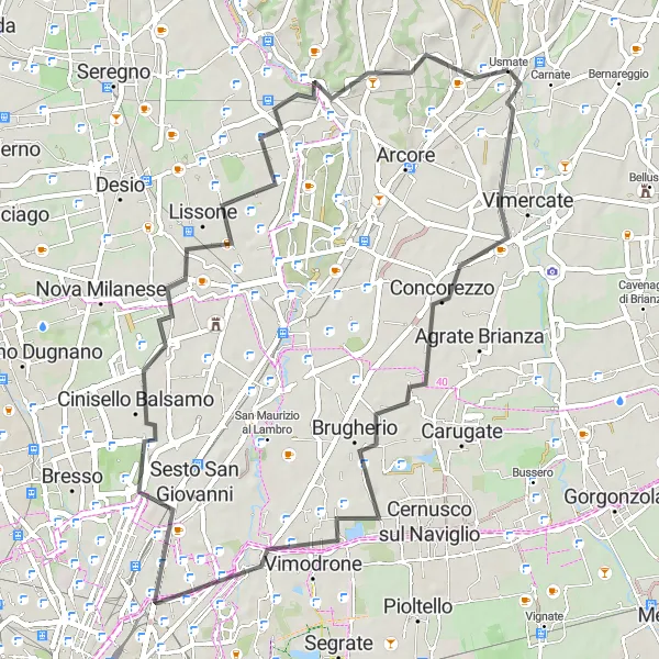 Miniatura della mappa di ispirazione al ciclismo "Giro in bicicletta Concorezzo - Usmate" nella regione di Lombardia, Italy. Generata da Tarmacs.app, pianificatore di rotte ciclistiche