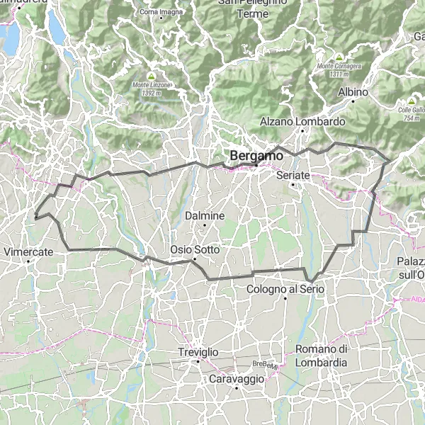 Kartminiatyr av "Äventyrlig cykling till Bergamo och Trezzo sull'Adda" cykelinspiration i Lombardia, Italy. Genererad av Tarmacs.app cykelruttplanerare