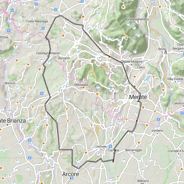 Miniature de la carte de l'inspiration cycliste "Boucle vers Lesmo et Carnate" dans la Lombardia, Italy. Générée par le planificateur d'itinéraire cycliste Tarmacs.app