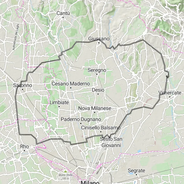 Karttaminiaatyyri "Monzasta Usmateen - Pitkä maantiepyöräreitti" pyöräilyinspiraatiosta alueella Lombardia, Italy. Luotu Tarmacs.app pyöräilyreittisuunnittelijalla