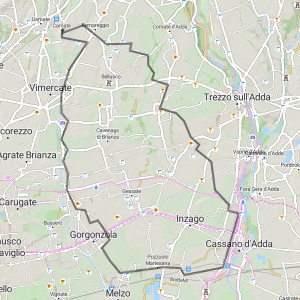 Map miniature of "Cassano d'Adda to Passirano Scenic Road Trip" cycling inspiration in Lombardia, Italy. Generated by Tarmacs.app cycling route planner
