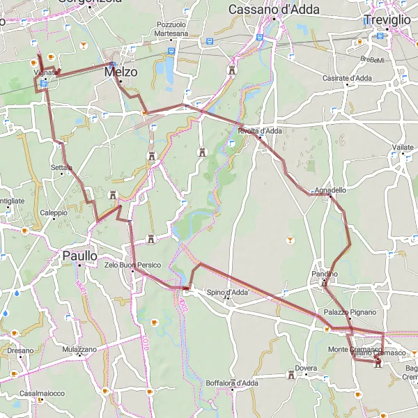 Miniatura mapy "Trasa przejeżdżająca przez Spino d’Adda, Zelo Buon Persico, Settala, Melzo, Agnadello i Palazzo Pignano" - trasy rowerowej w Lombardia, Italy. Wygenerowane przez planer tras rowerowych Tarmacs.app