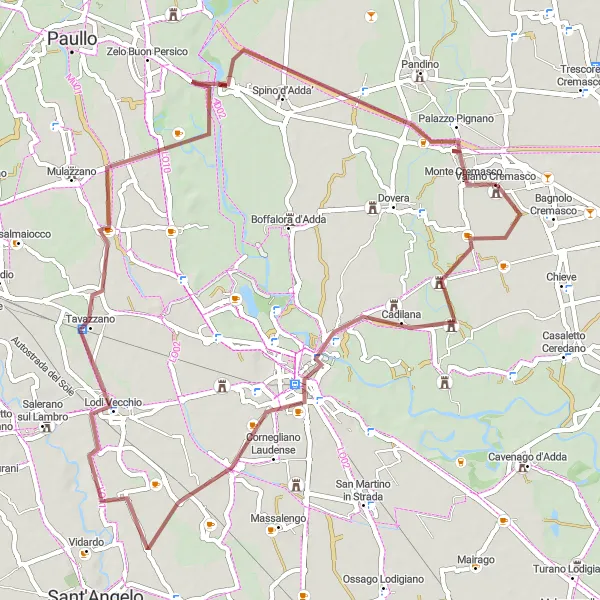 Miniaturní mapa "Gravelový okruh od Lodi do Cervignana d'Adda" inspirace pro cyklisty v oblasti Lombardia, Italy. Vytvořeno pomocí plánovače tras Tarmacs.app