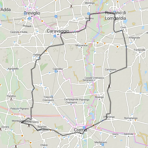 Miniatura della mappa di ispirazione al ciclismo "Tour culturale in bicicletta tra Caravaggio e Crema" nella regione di Lombardia, Italy. Generata da Tarmacs.app, pianificatore di rotte ciclistiche