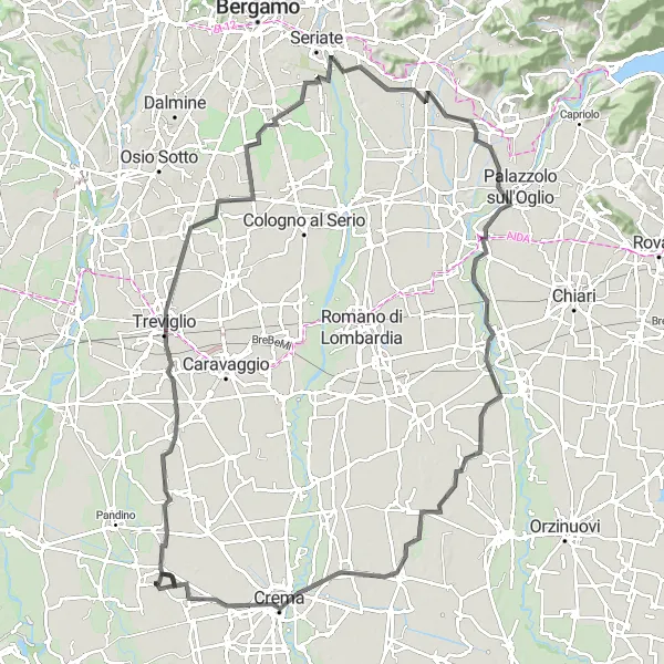 Miniatuurkaart van de fietsinspiratie "Uitdagende route door Calvenzano en omgeving" in Lombardia, Italy. Gemaakt door de Tarmacs.app fietsrouteplanner