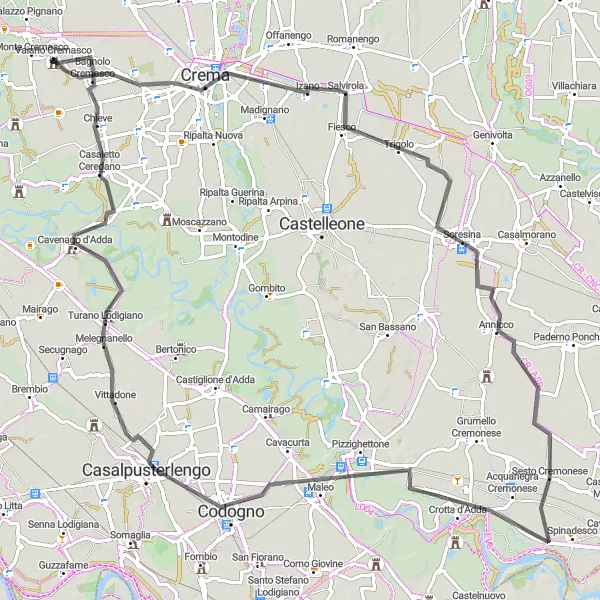 Miniatua del mapa de inspiración ciclista "Ruta de ciclismo de carretera a través de Codogno y Crema" en Lombardia, Italy. Generado por Tarmacs.app planificador de rutas ciclistas