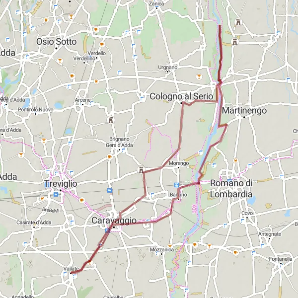 Mapa miniatúra "Gravelová trasa cez Bariano a Caravaggio" cyklistická inšpirácia v Lombardia, Italy. Vygenerované cyklistickým plánovačom trás Tarmacs.app