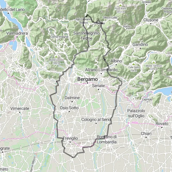 Karten-Miniaturansicht der Radinspiration "Eine anspruchsvolle Tour durch die lombardischen Hügel" in Lombardia, Italy. Erstellt vom Tarmacs.app-Routenplaner für Radtouren