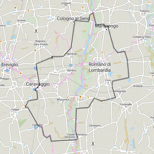 Zemljevid v pomanjšavi "Road Cycling Adventure in Martinengo" kolesarske inspiracije v Lombardia, Italy. Generirano z načrtovalcem kolesarskih poti Tarmacs.app