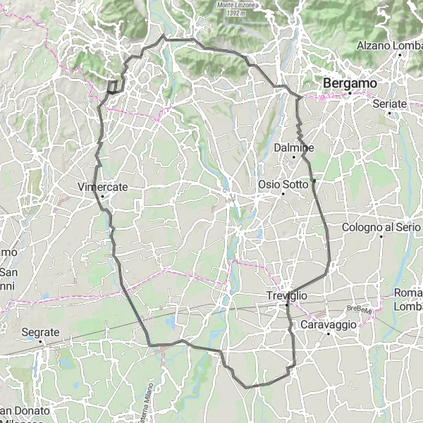 Miniatua del mapa de inspiración ciclista "Recorrido en bicicleta alrededor de Vailate: Caponago, Terrazza Belvedere, Cernusco Lombardone, Cisano Bergamasco, Col Scarlasc, Mozzo, Levate, Calvenzano" en Lombardia, Italy. Generado por Tarmacs.app planificador de rutas ciclistas