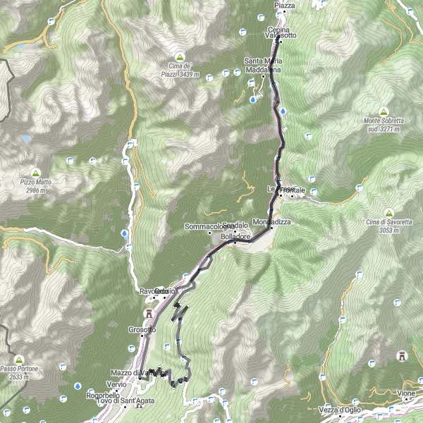 Mapa miniatúra "Road Cycling Tour of Valtellina Valley" cyklistická inšpirácia v Lombardia, Italy. Vygenerované cyklistickým plánovačom trás Tarmacs.app