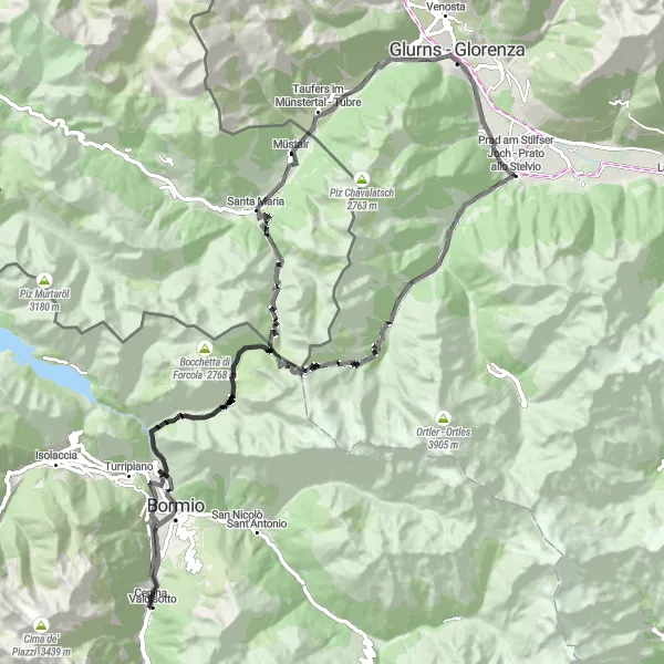 Miniatura della mappa di ispirazione al ciclismo "Sfida sul Passo dello Stelvio" nella regione di Lombardia, Italy. Generata da Tarmacs.app, pianificatore di rotte ciclistiche