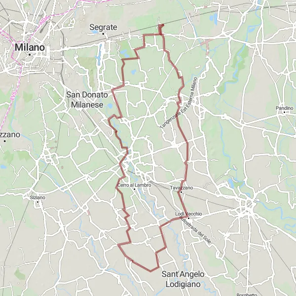 Map miniature of "Around Melegnano and Salerano sul Lambro" cycling inspiration in Lombardia, Italy. Generated by Tarmacs.app cycling route planner