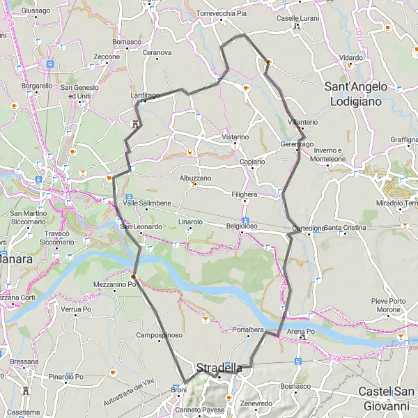 Miniatuurkaart van de fietsinspiratie "Fietsen van Valera Fratta naar Lardirago" in Lombardia, Italy. Gemaakt door de Tarmacs.app fietsrouteplanner