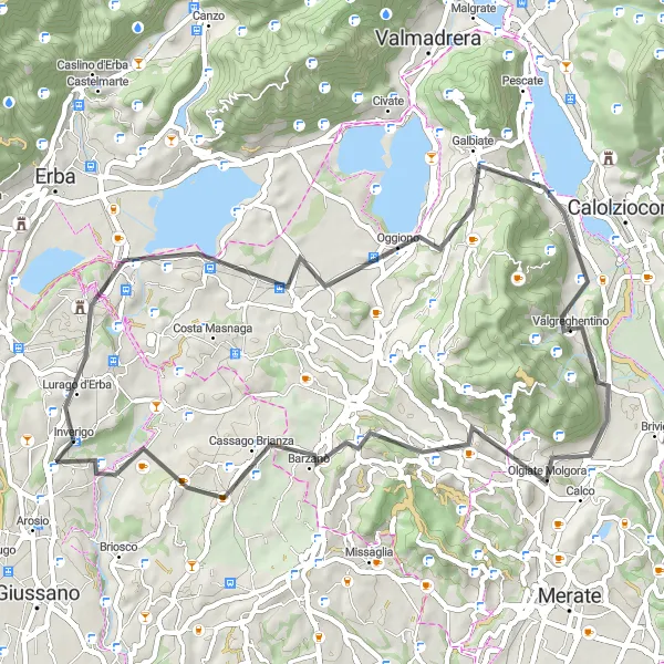 Kartminiatyr av "Rundtur till Olgiate Molgora" cykelinspiration i Lombardia, Italy. Genererad av Tarmacs.app cykelruttplanerare