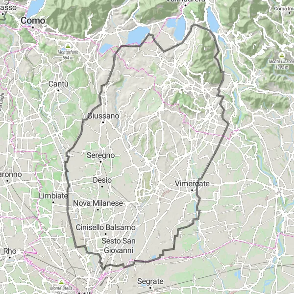 Kartminiatyr av "Roadtrip till Airuno" cykelinspiration i Lombardia, Italy. Genererad av Tarmacs.app cykelruttplanerare