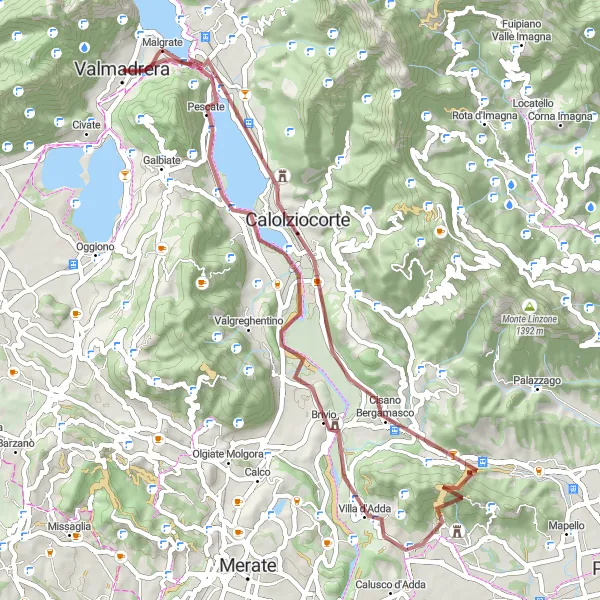 Mapa miniatúra "Gravelový okruh Olginate - Lecco" cyklistická inšpirácia v Lombardia, Italy. Vygenerované cyklistickým plánovačom trás Tarmacs.app