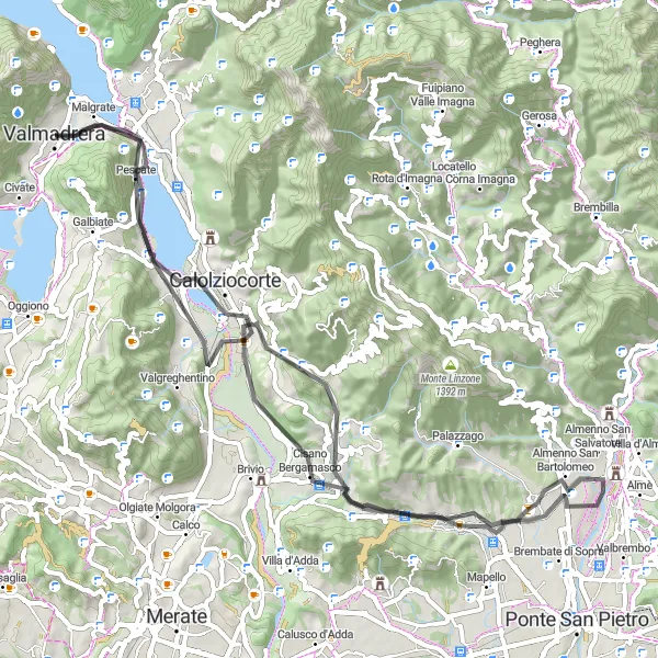 Mapa miniatúra "Jazda okolo Lecca" cyklistická inšpirácia v Lombardia, Italy. Vygenerované cyklistickým plánovačom trás Tarmacs.app