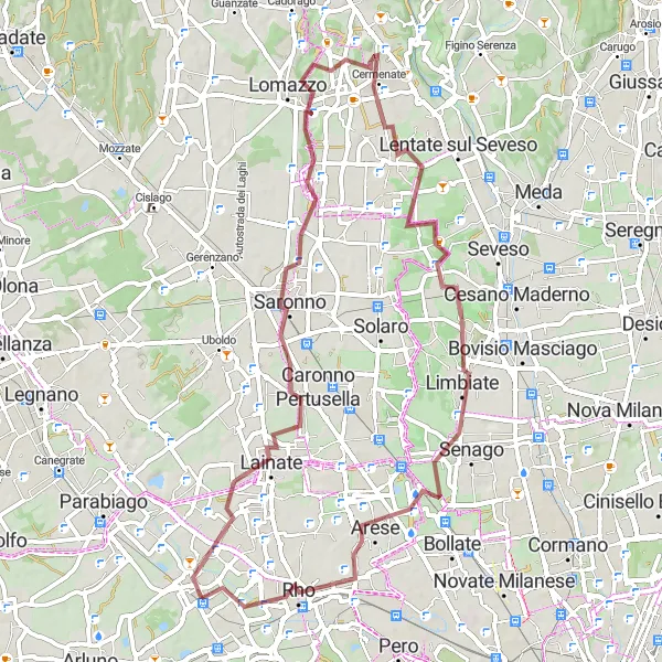 Miniatuurkaart van de fietsinspiratie "Gravelroute van Caronno Pertusella naar Pregnana Milanese" in Lombardia, Italy. Gemaakt door de Tarmacs.app fietsrouteplanner