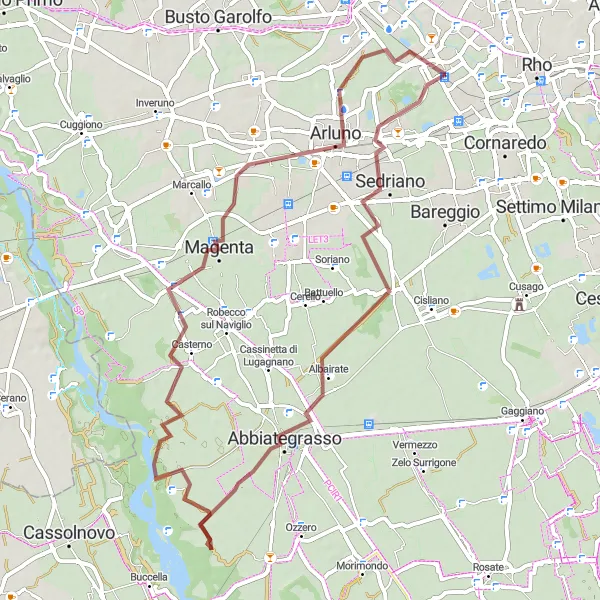 Map miniature of "The Albairate Gravel Adventure" cycling inspiration in Lombardia, Italy. Generated by Tarmacs.app cycling route planner