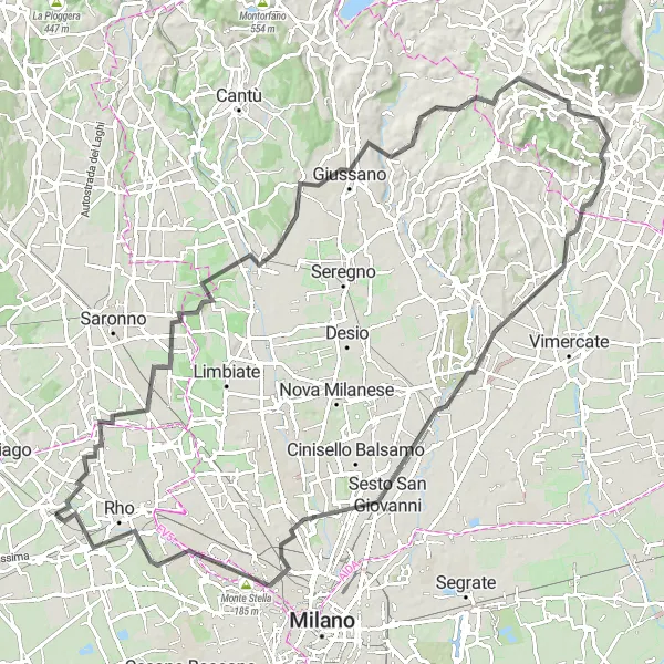 Miniatua del mapa de inspiración ciclista "Ruta de ciclismo de carretera desde Vanzago" en Lombardia, Italy. Generado por Tarmacs.app planificador de rutas ciclistas