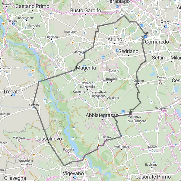 Mapa miniatúra "Cyklistická trasa cez Bareggio, Vermezzo, Ossona a Vanzago" cyklistická inšpirácia v Lombardia, Italy. Vygenerované cyklistickým plánovačom trás Tarmacs.app