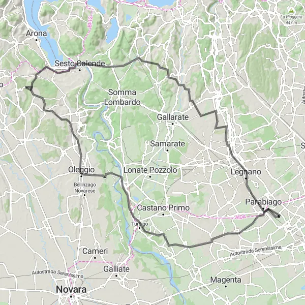 Map miniature of "The Nerviano-Jackson Loop" cycling inspiration in Lombardia, Italy. Generated by Tarmacs.app cycling route planner