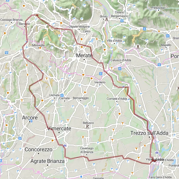Karttaminiaatyyri "Gravel Adventure through Lombardia's Countryside" pyöräilyinspiraatiosta alueella Lombardia, Italy. Luotu Tarmacs.app pyöräilyreittisuunnittelijalla