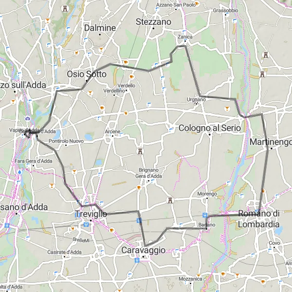 Zemljevid v pomanjšavi "Pustolovska kolesarska pot" kolesarske inspiracije v Lombardia, Italy. Generirano z načrtovalcem kolesarskih poti Tarmacs.app