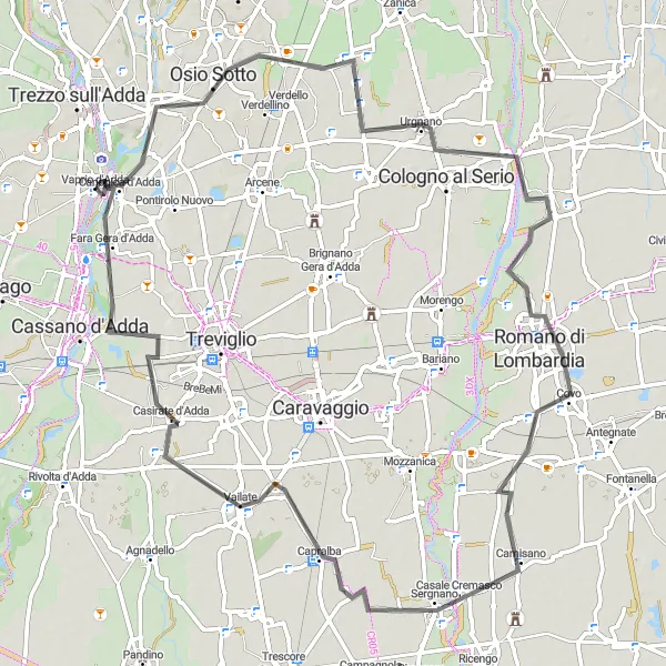 Zemljevid v pomanjšavi "Krožna kolesarska pot blizu Vaprio d'Adda" kolesarske inspiracije v Lombardia, Italy. Generirano z načrtovalcem kolesarskih poti Tarmacs.app