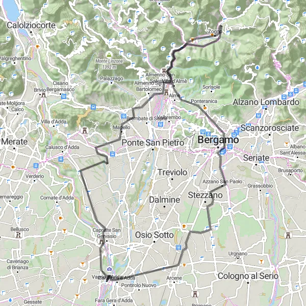 Kartminiatyr av "Sykkeltur til Bergamo og omkringliggende landsbyer" sykkelinspirasjon i Lombardia, Italy. Generert av Tarmacs.app sykkelrutoplanlegger