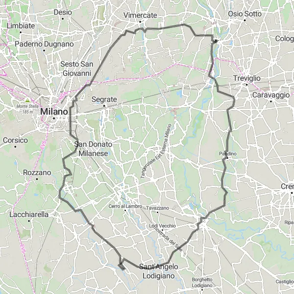 Miniaturní mapa "Okružní cyklotrasa přes Lodi a Brugherio" inspirace pro cyklisty v oblasti Lombardia, Italy. Vytvořeno pomocí plánovače tras Tarmacs.app