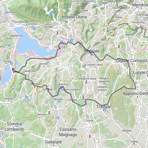 Zemljevid v pomanjšavi "Varano Borghi - Lake Varese - Buguggiate - Varese - Belmonte - Oltrona di San Mamette - Carnago - Monte La Torre - Mornago" kolesarske inspiracije v Lombardia, Italy. Generirano z načrtovalcem kolesarskih poti Tarmacs.app