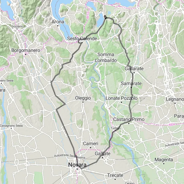 Miniaturní mapa "Cyklostezka kolem Varano Borghi a Montu Martino" inspirace pro cyklisty v oblasti Lombardia, Italy. Vytvořeno pomocí plánovače tras Tarmacs.app