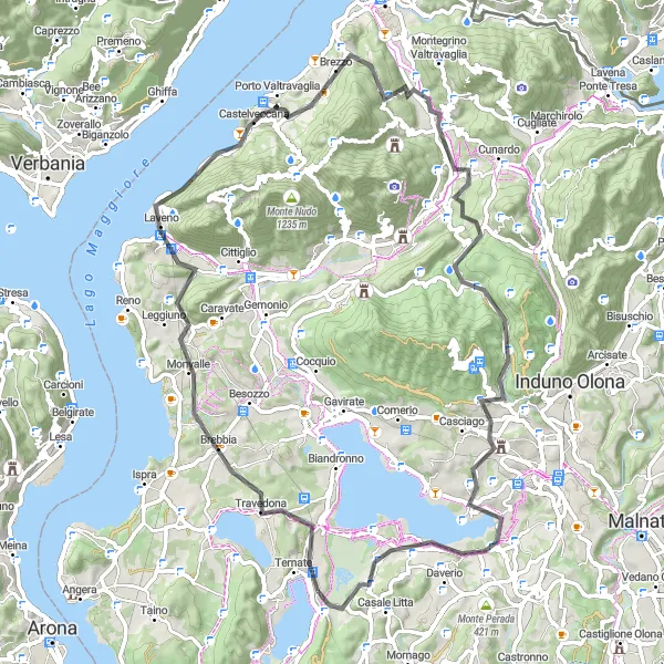 Map miniature of "Varano Borghi - Round of Sacred Mountains" cycling inspiration in Lombardia, Italy. Generated by Tarmacs.app cycling route planner