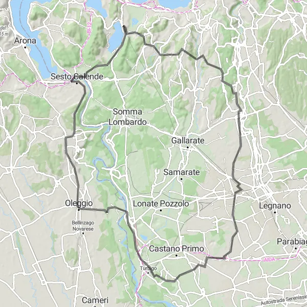 Zemljevid v pomanjšavi "Ciklična pot z zahtevnim vzponom v bližini Varano Borghi" kolesarske inspiracije v Lombardia, Italy. Generirano z načrtovalcem kolesarskih poti Tarmacs.app