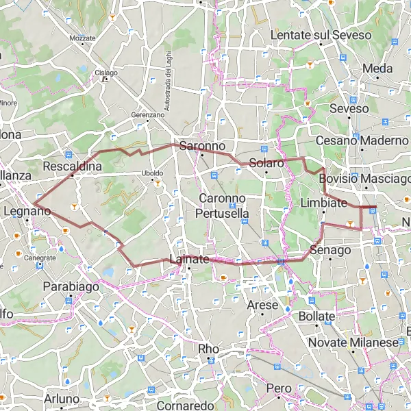 Map miniature of "Picturesque Gravel Loop to Legnano" cycling inspiration in Lombardia, Italy. Generated by Tarmacs.app cycling route planner
