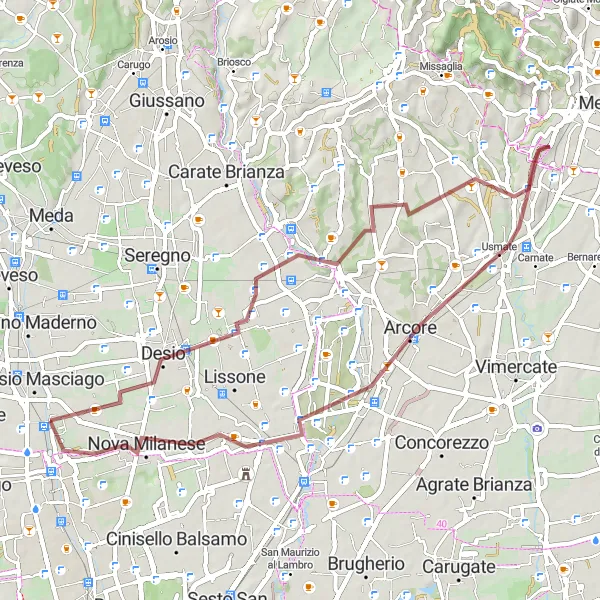Miniatura della mappa di ispirazione al ciclismo "Giro in Gravel attraverso Monza e Desio" nella regione di Lombardia, Italy. Generata da Tarmacs.app, pianificatore di rotte ciclistiche