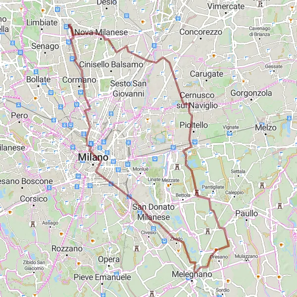 Miniatua del mapa de inspiración ciclista "Ruta de grava hasta Milán" en Lombardia, Italy. Generado por Tarmacs.app planificador de rutas ciclistas