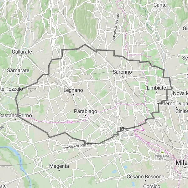 Miniatua del mapa de inspiración ciclista "Ruta de carretera a Gorla Minore y Turate desde Varedo" en Lombardia, Italy. Generado por Tarmacs.app planificador de rutas ciclistas