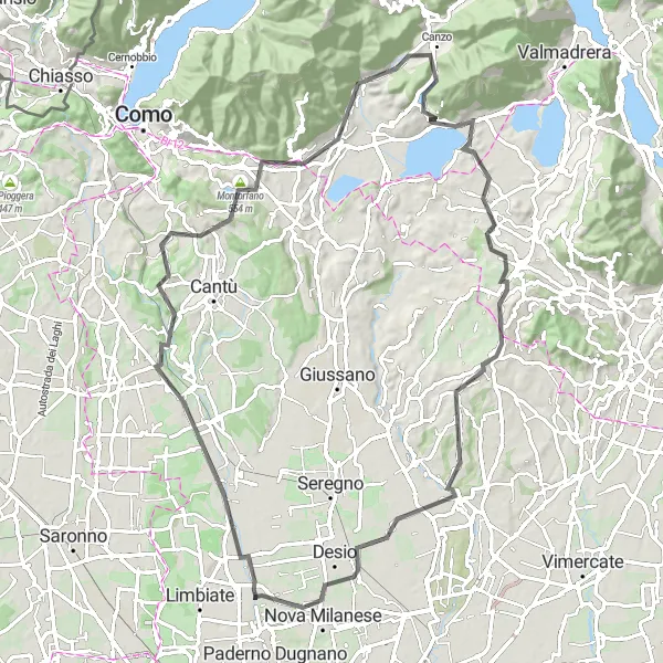 Zemljevid v pomanjšavi "Challenging road ride to Nova Milanese and Monte Scioscia" kolesarske inspiracije v Lombardia, Italy. Generirano z načrtovalcem kolesarskih poti Tarmacs.app